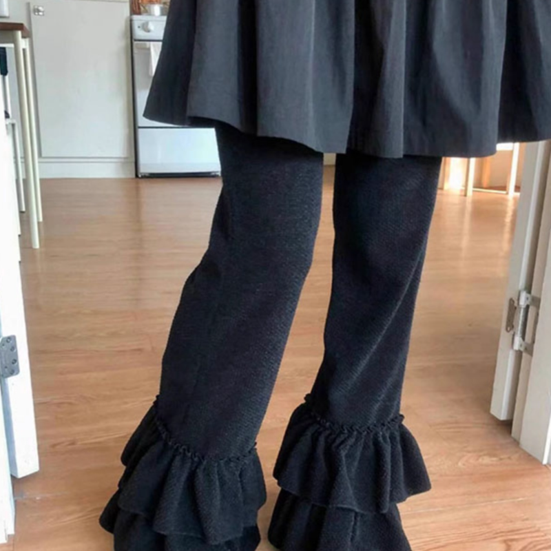 韩国ins2025女秋冬复古花边裤脚设计感松紧腰微喇叭休闲裤长裤潮