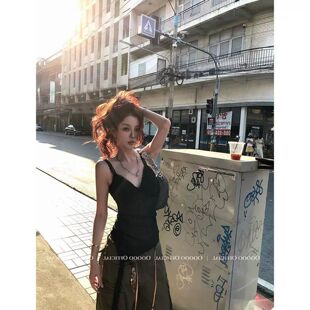 黑色透视网纱V领吊带背心女夏外穿美背纯欲辣妹性感显露内搭上衣