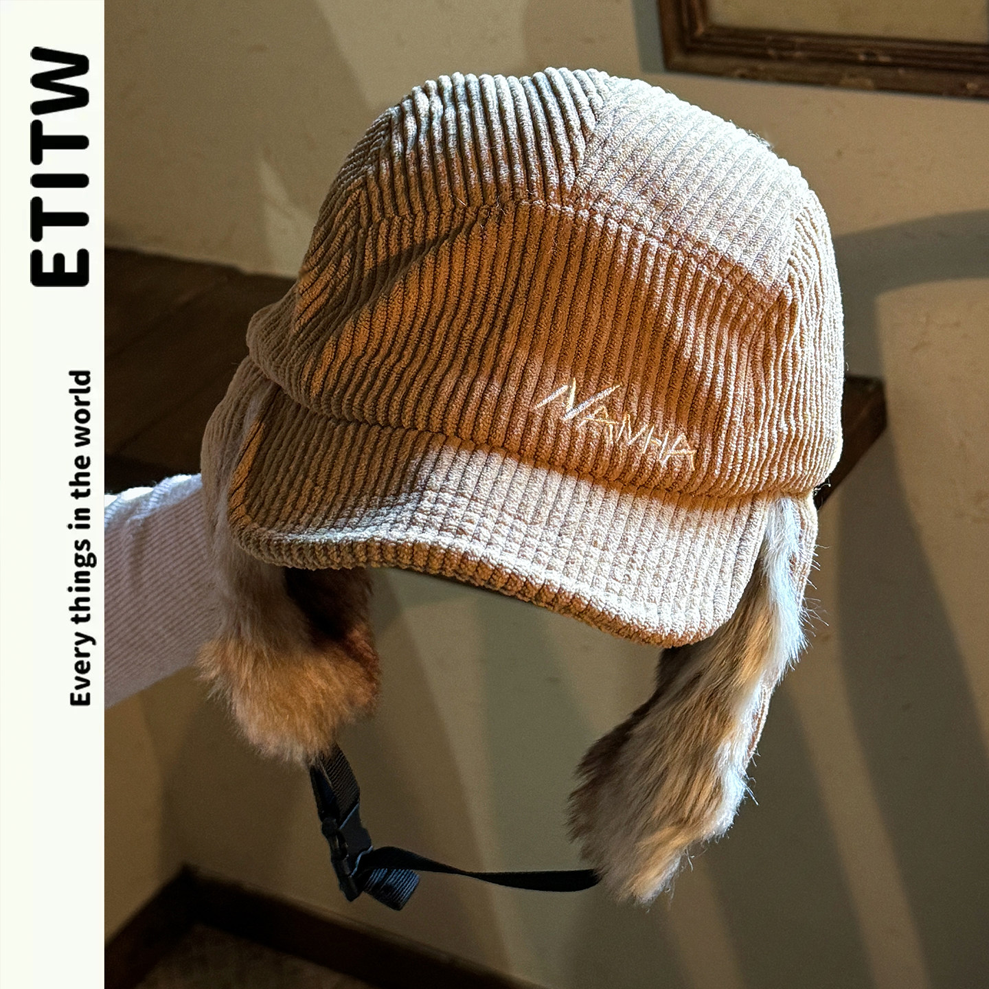 ETITW/美式复古灯芯绒鸭舌帽户外防风护耳毛绒简约保暖雷锋帽