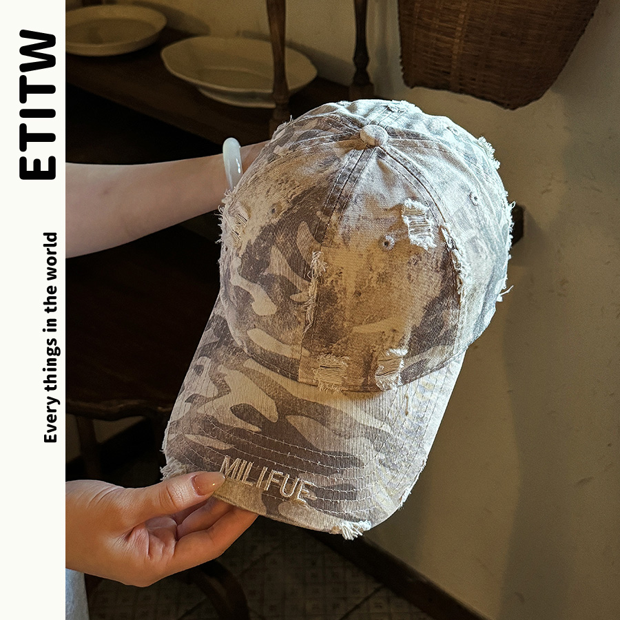 ETITW/破洞迷彩斑马纹美式复古做旧破洞字母棒球帽男女鸭舌帽子