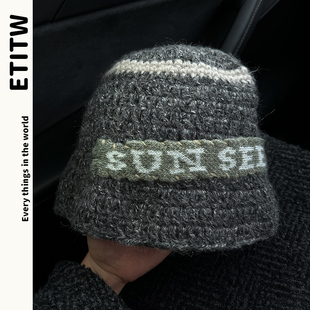 ETITW小众美式 街头补丁字母渔夫帽女百搭显脸小秋冬保暖毛线帽子