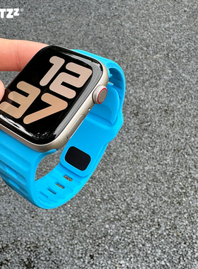 新款蓝色运动硅胶iwatch表带适用苹果applewatch男女9高级感夏8