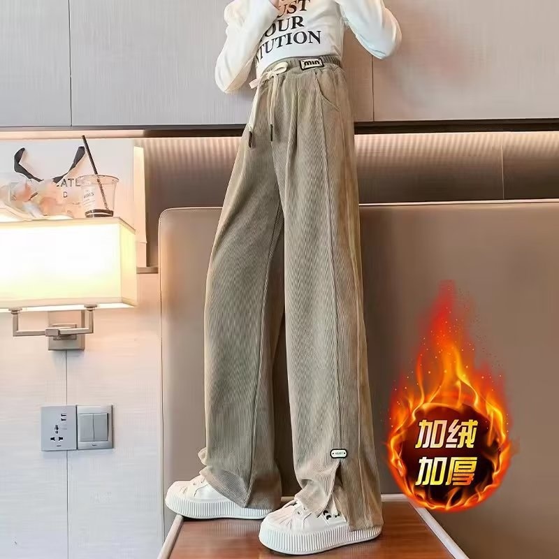 女童裤子秋冬季加绒保暖潮流灯芯绒运动裤中大童宽松阔腿直筒长裤