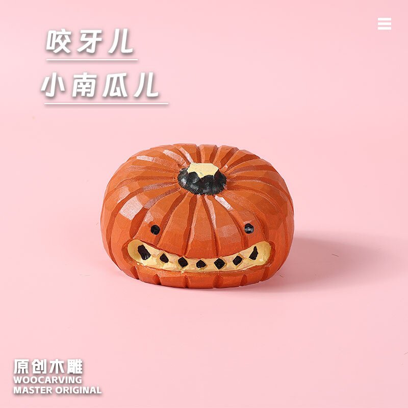 木雕摆件万圣节南瓜纯手工艺品仿真蔬果搞怪桌面装饰跨境地摊货源