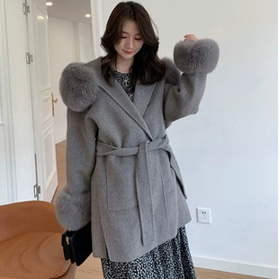 高品质连帽毛领毛呢外套女中长款宽松羊毛大衣秋冬腰带厚风衣