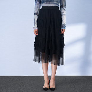 百搭黑色压褶网纱裙女通勤ins风半身裙个性多层次塔裙高腰蛋糕裙