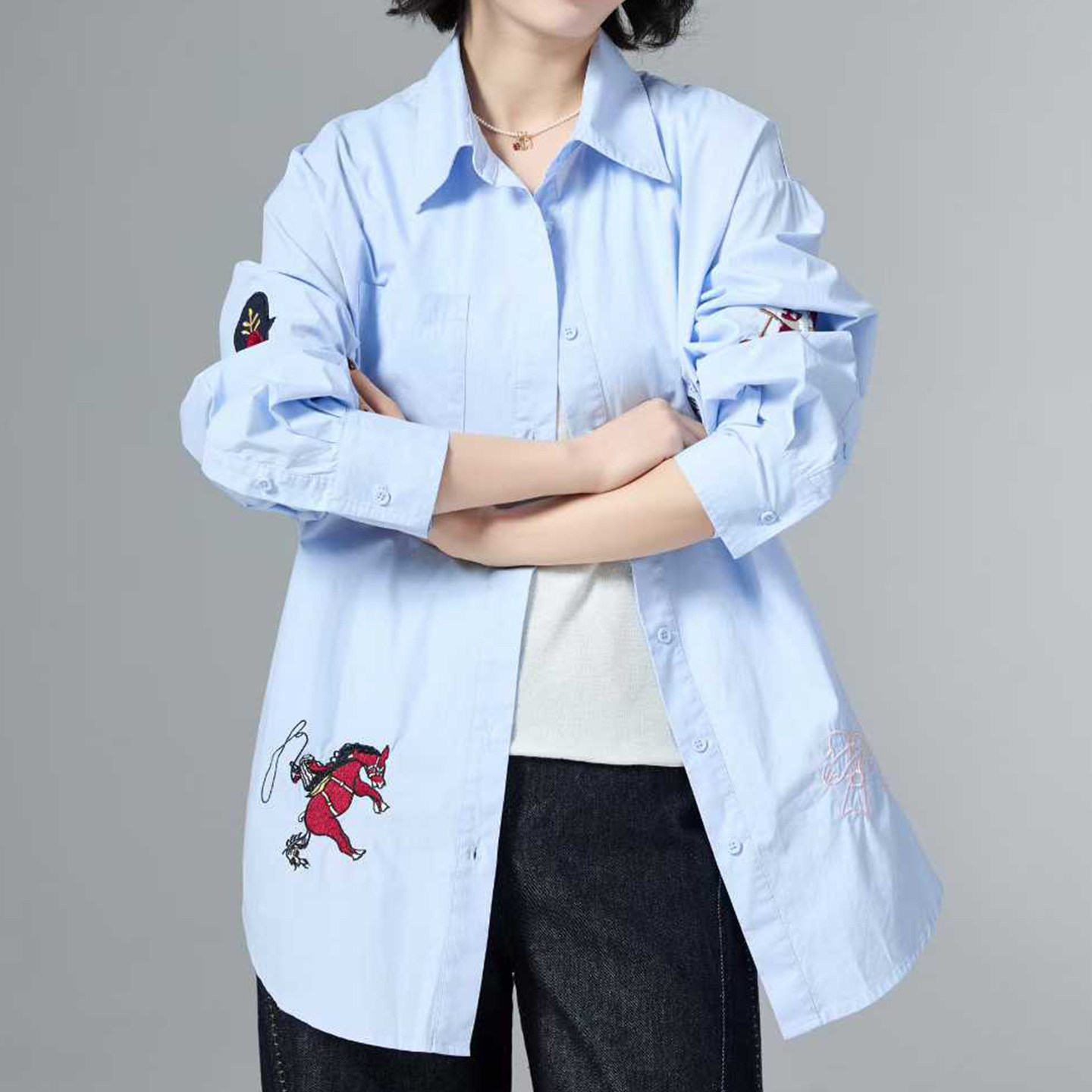 刺绣纯棉宽松落肩中长衬衫外套