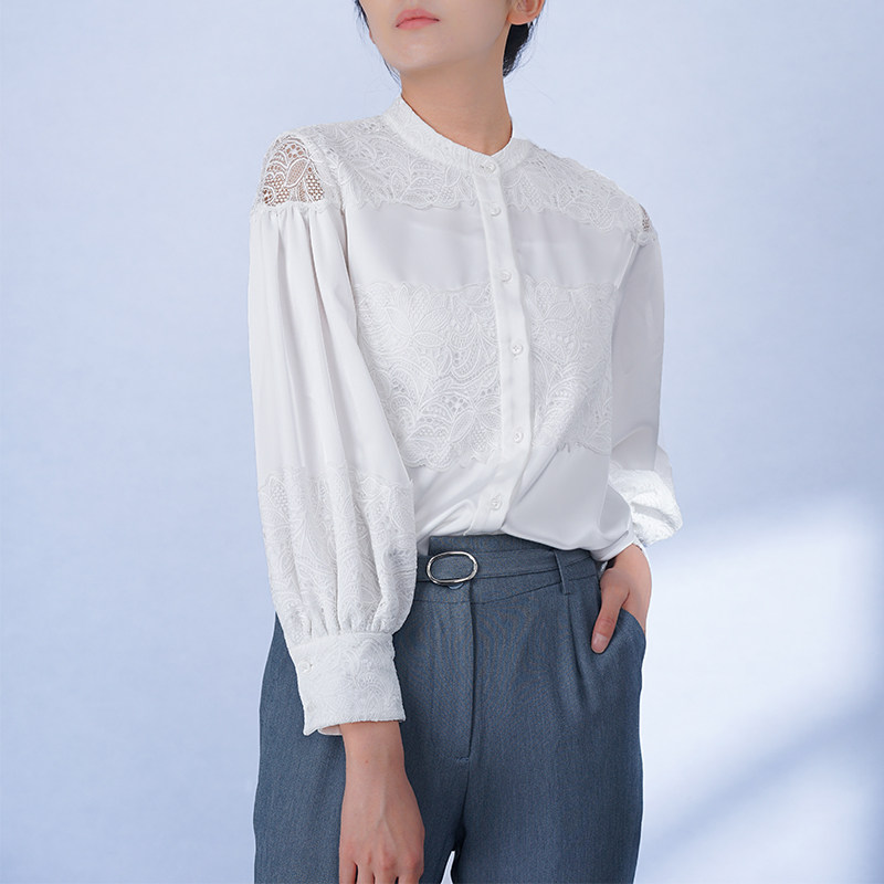 蕾丝拼接设计新中式立领上衣女衬衣个性小众设计感宽松白色衬衫