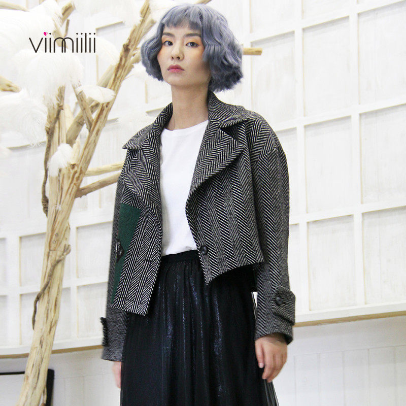 viimiilii原创女装宽松休闲范西服大衣女羊毛人字纹短款毛呢外套
