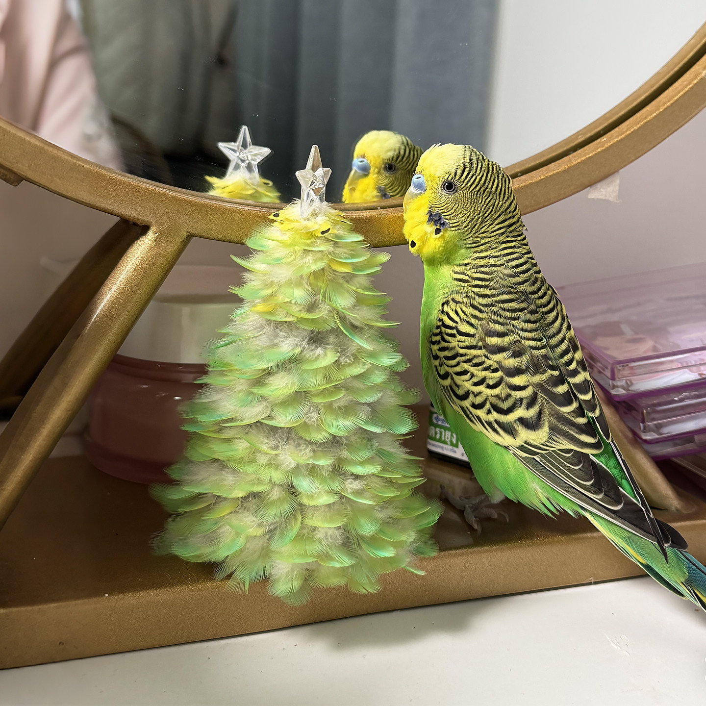 diy鹦鹉羽毛圣诞树冰山小夜灯手工材料包桌面鸟笼造景可爱小摆件