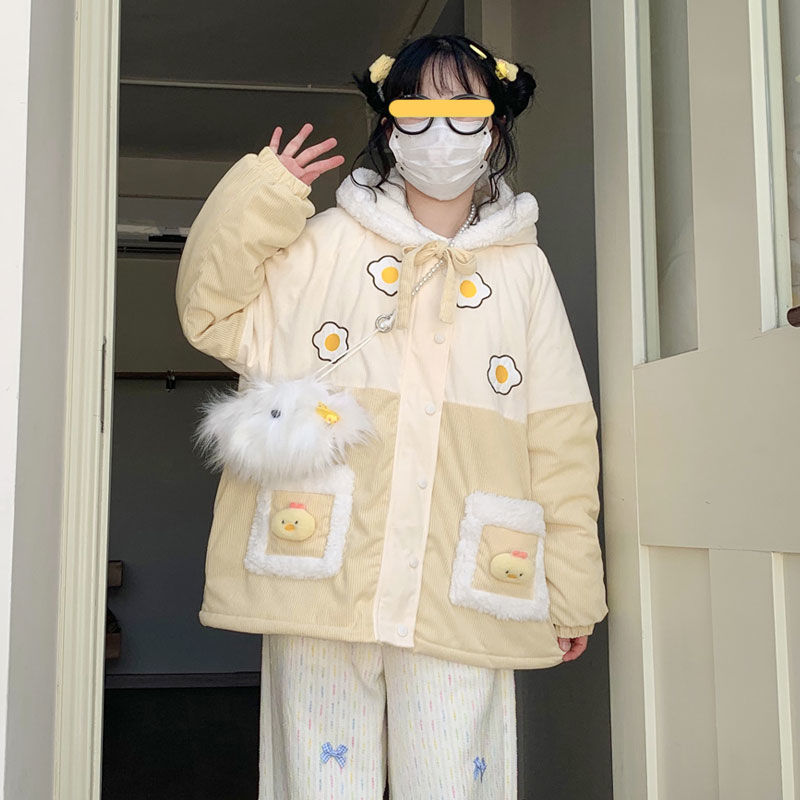 原创爆款2026新款秋冬棉服小黄鸡荷包蛋拼接毛绒可爱灯芯绒外套