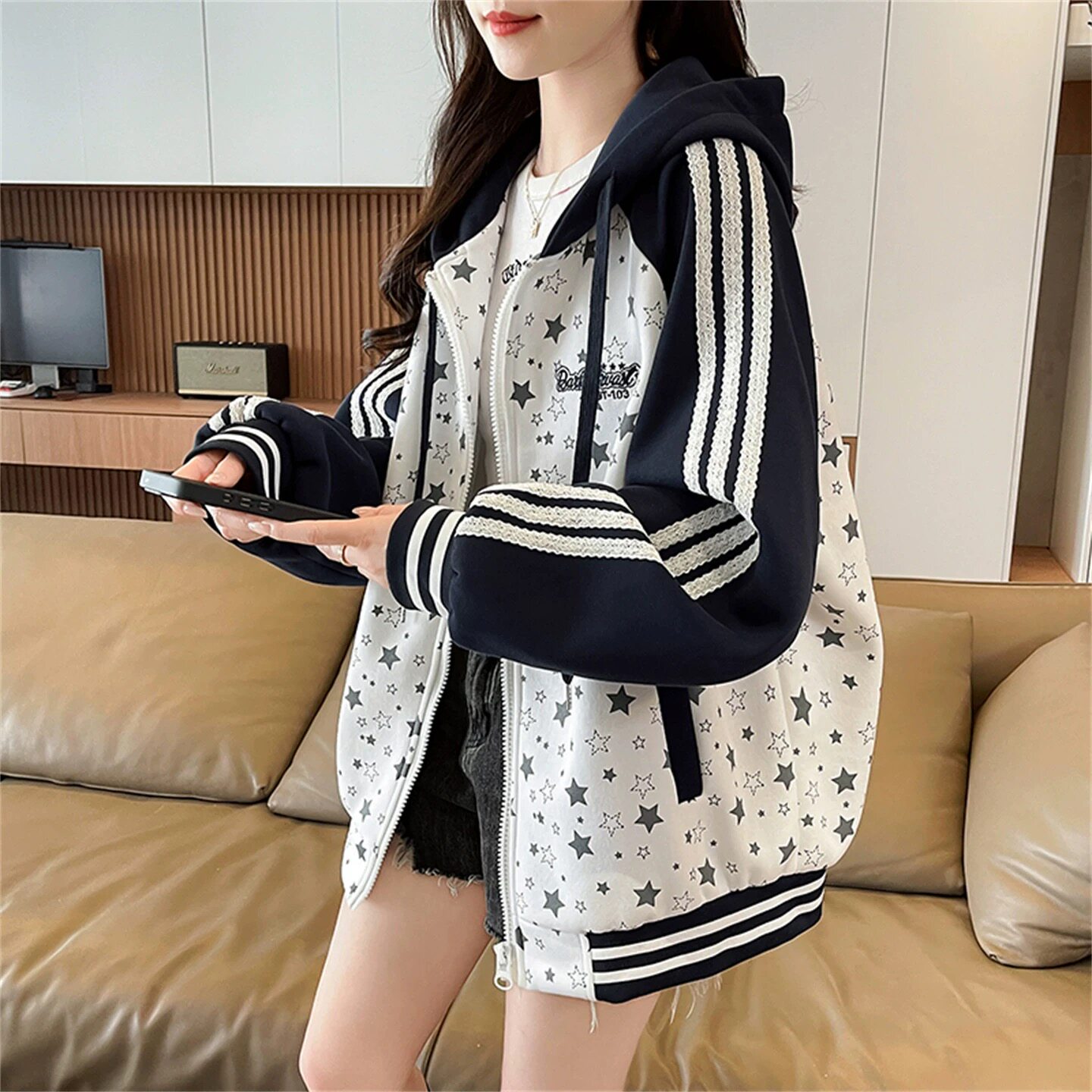 少女时尚拼色开衫卫衣女春秋季宽松休闲初高中学生连帽棒球服外套