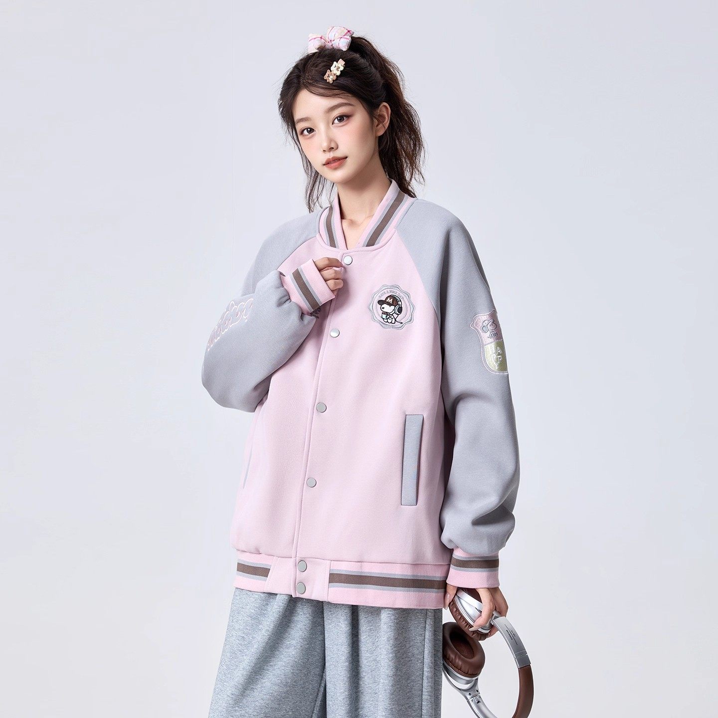 美式刺绣棒球服女春秋季拼色外套2026新款初高中学生大童夹克上衣