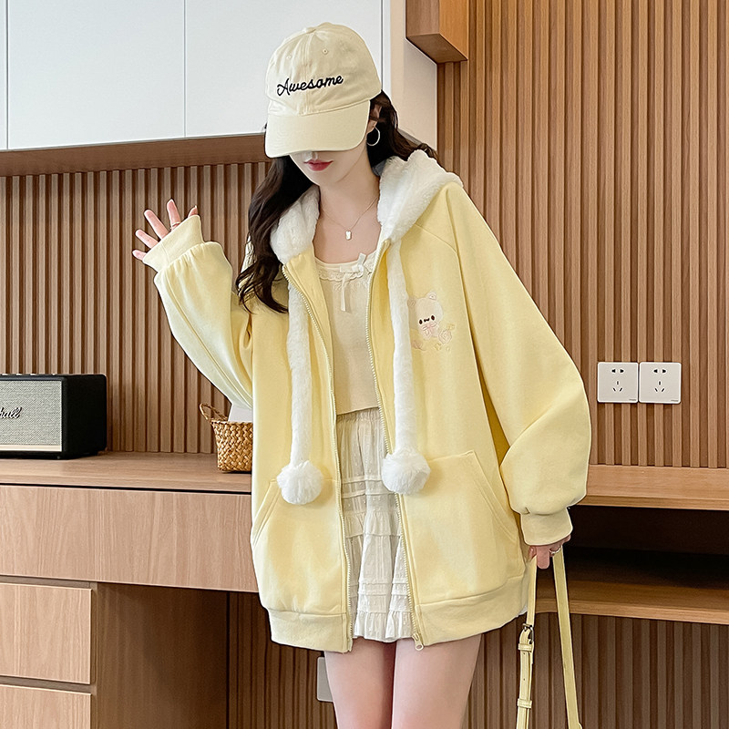 少女春秋季连帽可爱刺绣卫衣女初高中生宽松休闲甜美开衫百搭外套