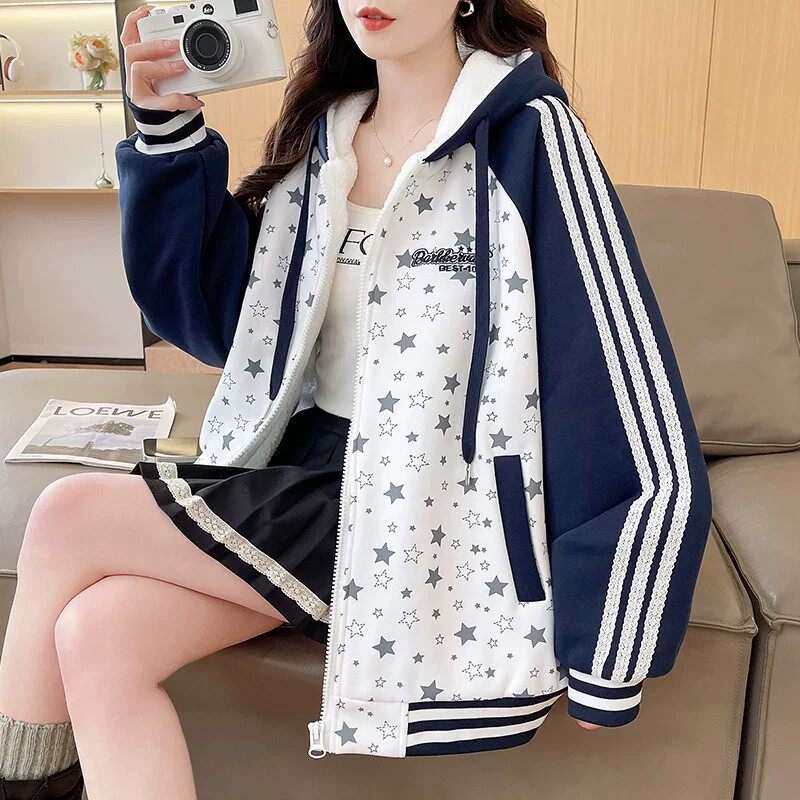 少女洋气撞色连帽加厚棒球服外套女秋冬季宽松休闲初高中学生棉服