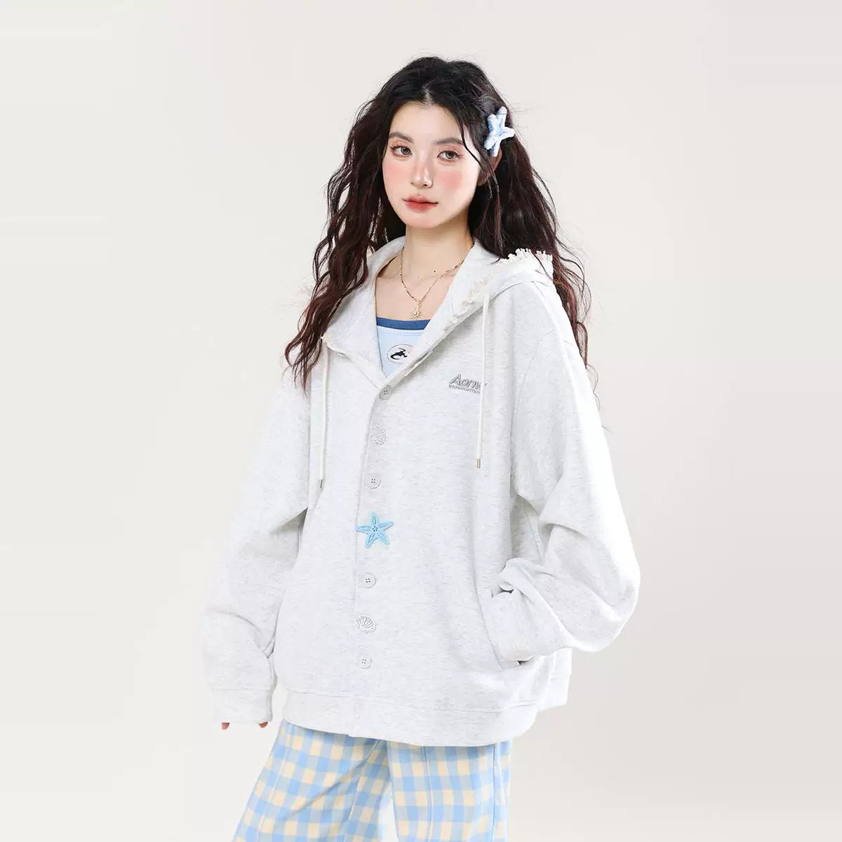 少女可爱贝壳海星纽扣连帽卫衣开衫女春秋季小众设计蕾丝花边外套