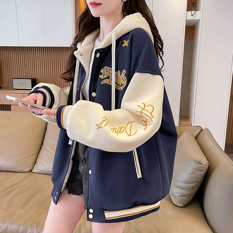 美式拼色棒球服外套女2026新款秋冬加绒加厚棉服学生宽松休闲棉衣
