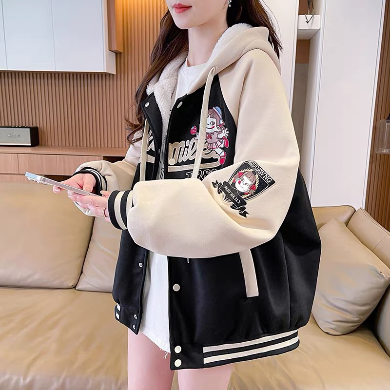 少女甜美刺绣棒球服外套女秋冬加绒加厚棉服宽松休闲百搭连帽棉衣