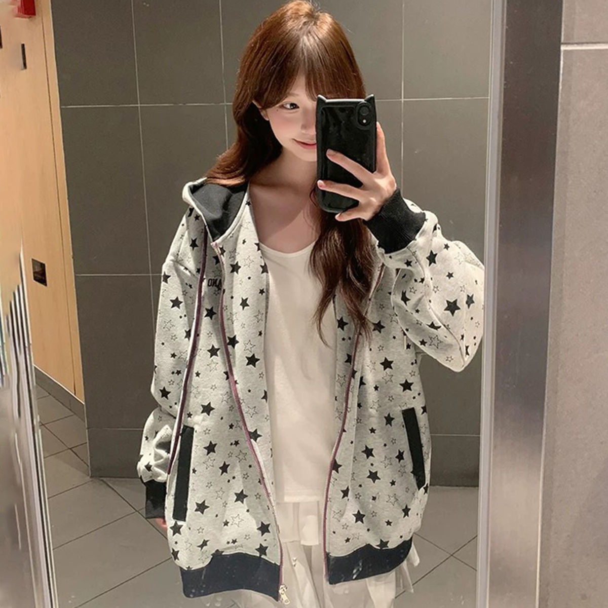 少女满印星星灰色连帽卫衣女春秋季复古美式宽松百搭拉链开衫外套