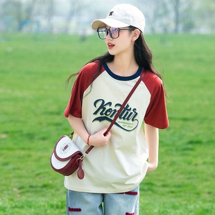 初中女生短袖T恤夏季高中学生夏装宽松少女大童拼接撞色时髦上衣