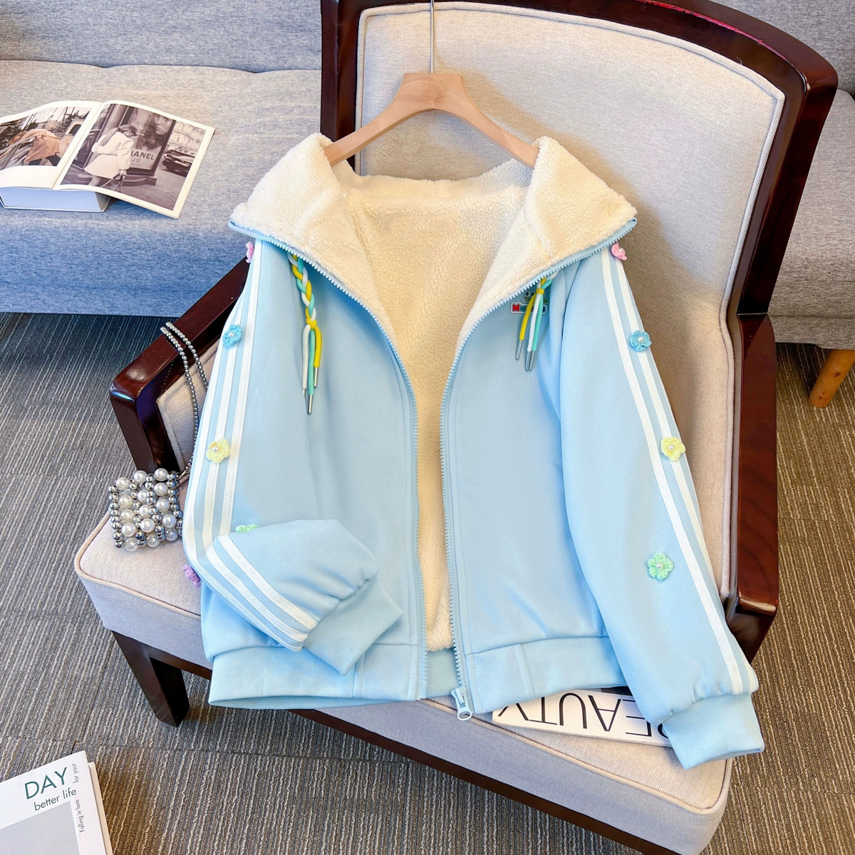 少女甜美开衫卫衣女秋冬加绒加厚棉服新款宽松初高中学生连帽棉衣