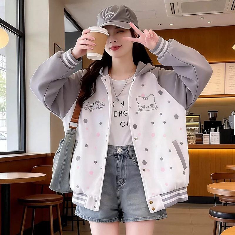 少女学院风刺绣拼色连帽外套春秋季新款初高中学生百搭洋气棒球服