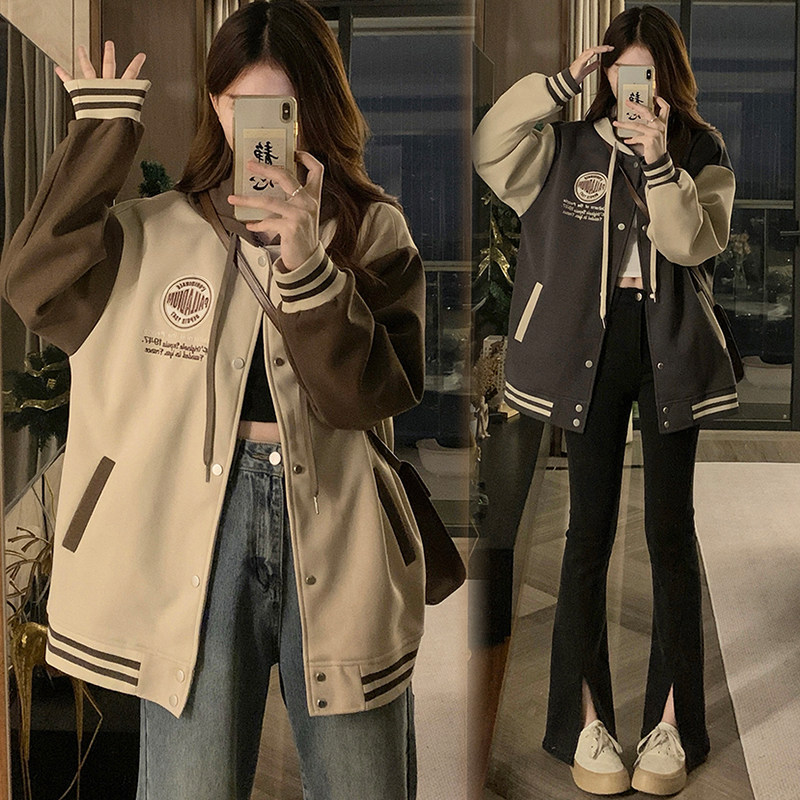 2026春秋新款复古刺绣连帽卫衣女宽松休闲学院风棒球服外套上衣潮