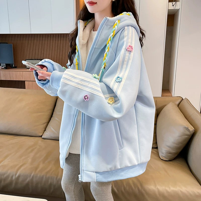 少女甜美开衫卫衣女秋冬加绒加厚棉服新款宽松初高中学生连帽棉衣