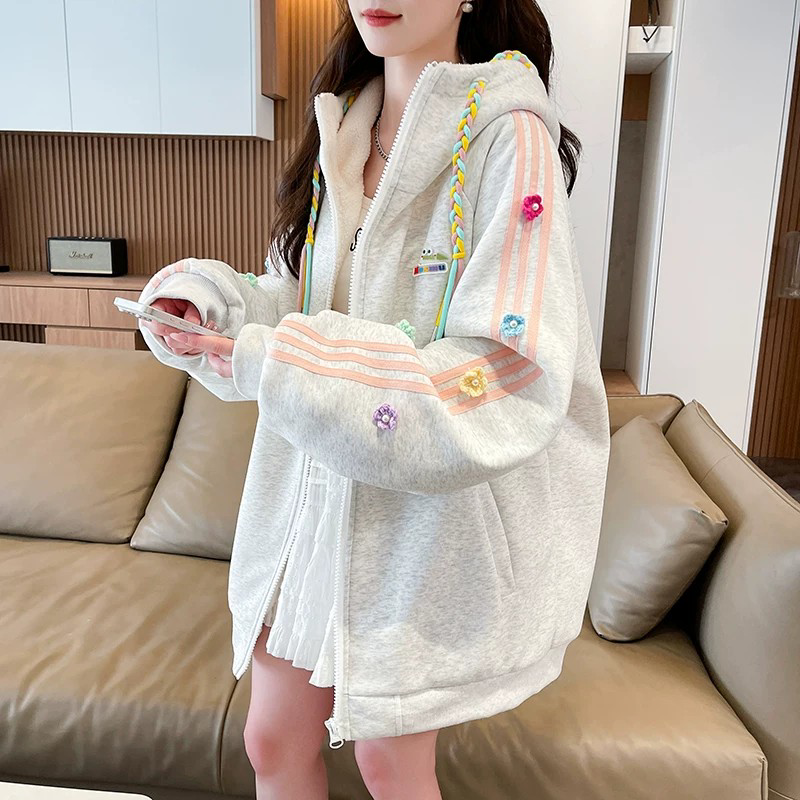 少女甜美开衫卫衣女秋冬加绒加厚棉服新款宽松初高中学生连帽棉衣