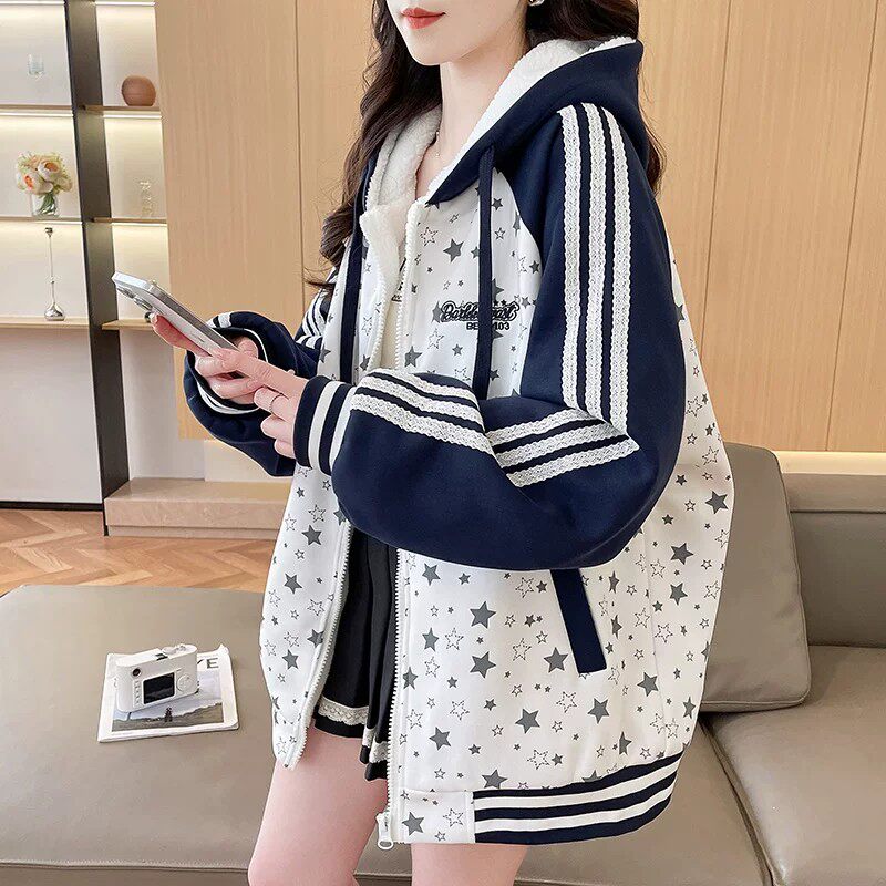 加绒加厚学院风拼色条纹星星棒球服外套秋冬新款学生百搭连帽棉衣