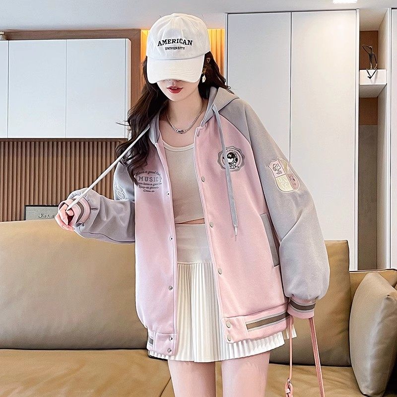 美式拼色棒球服女春秋季大童外套2025新款学生学院风卫衣少女上衣