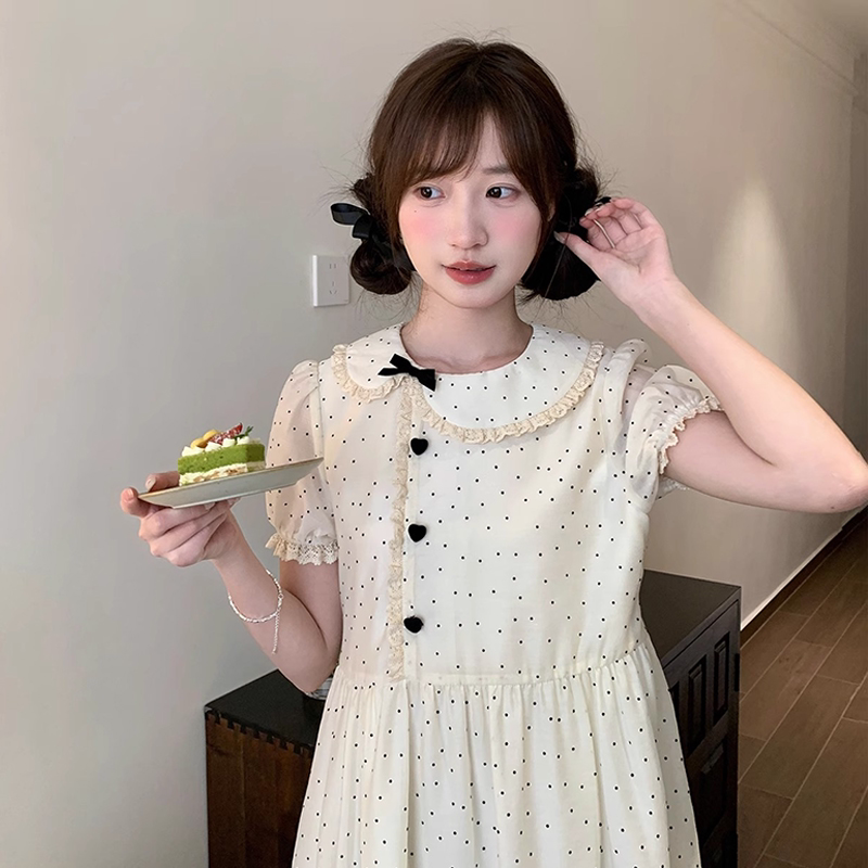 甜美复古波点连衣裙少女夏装2026新款初高中学生系腰带显瘦公主裙