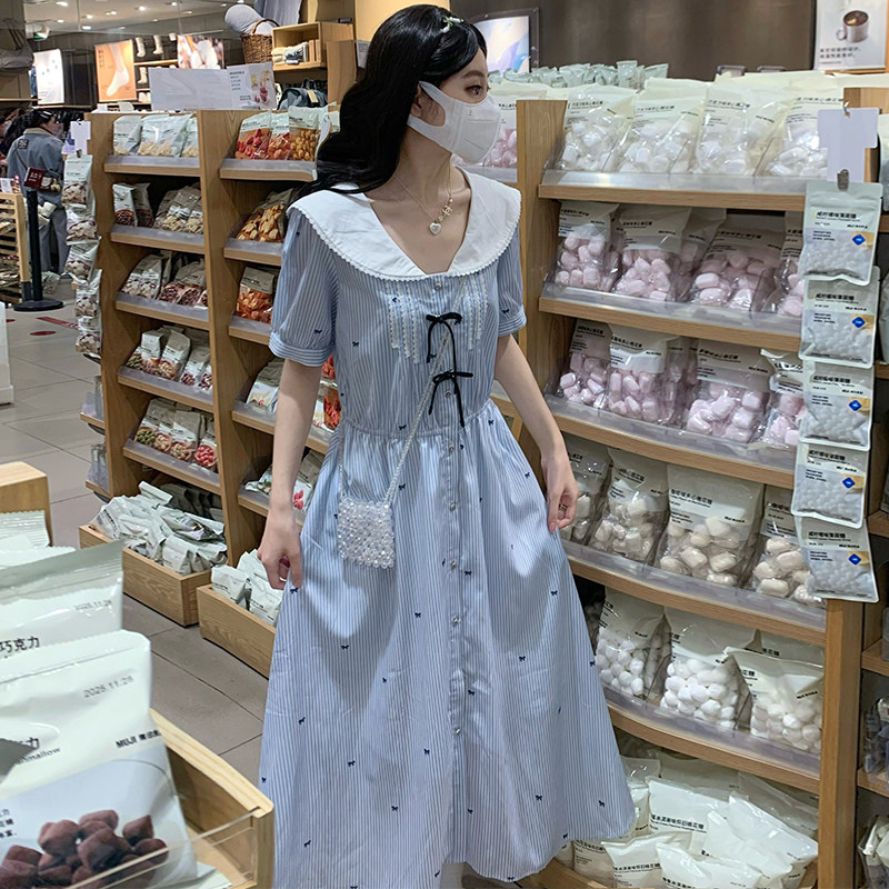 娃娃领蓝色条纹连衣裙法式小众减龄少女大童高中学生初中生衬衫裙
