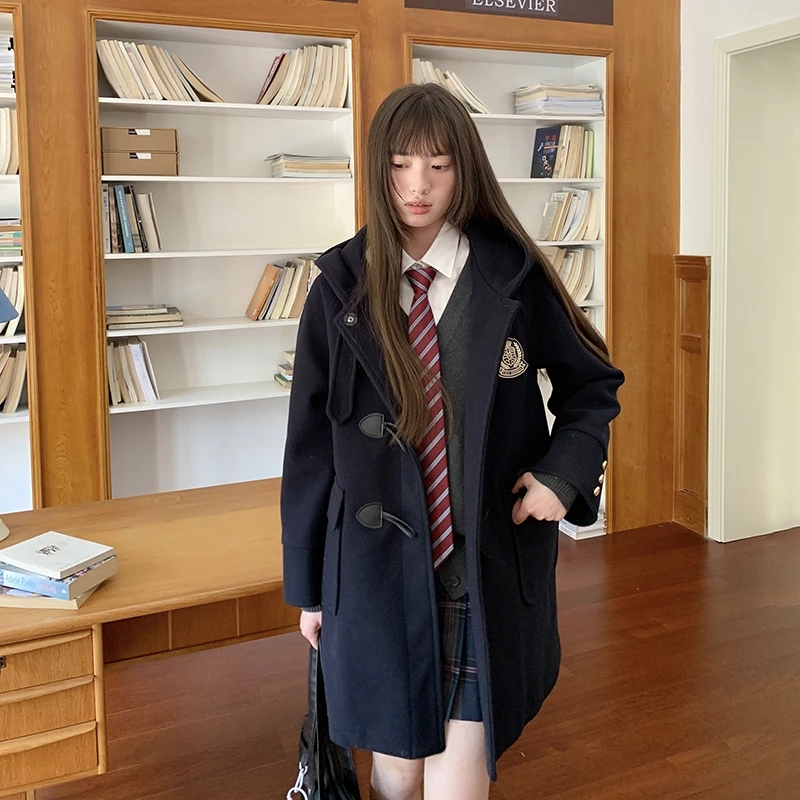 jk2025秋冬新款毛呢外套连帽牛角扣夹棉加厚学院风中长款时尚大衣