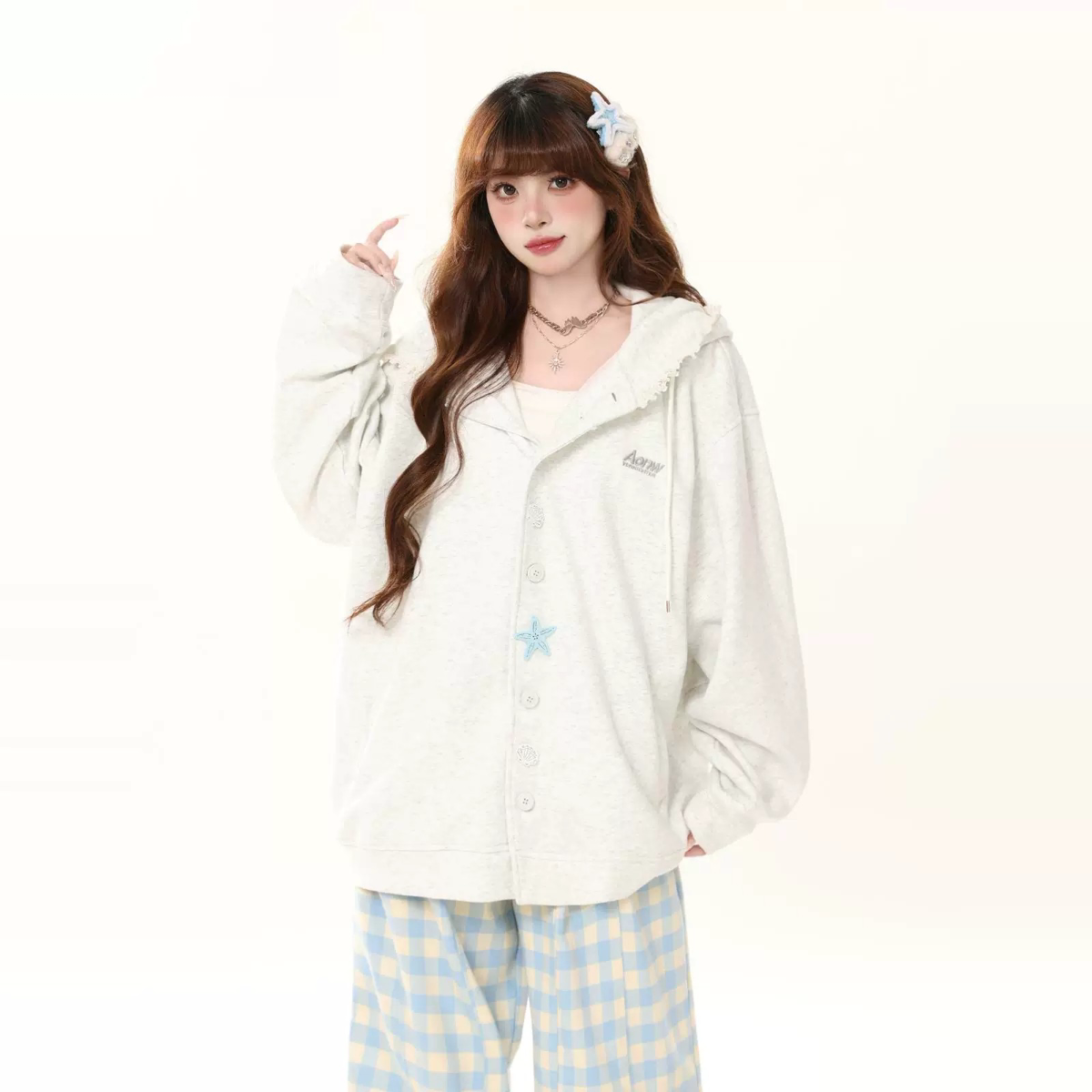 少女春秋学院风海星扣连帽上衣女2026新款设计感宽松洋气开衫外套