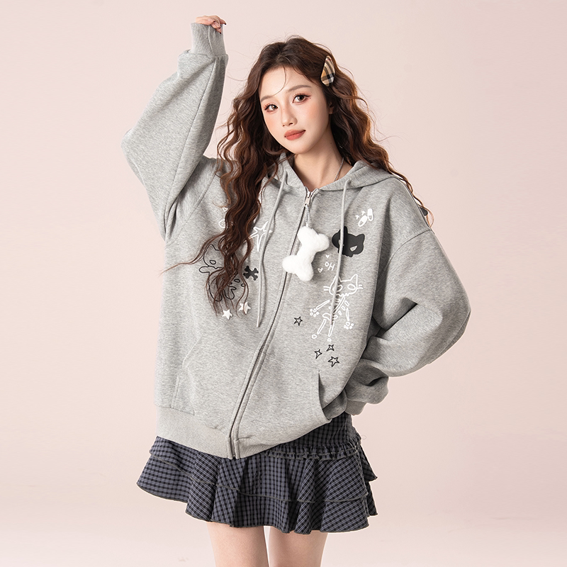 设计感小众开衫少女大童2026春秋新款初高中学生日系潮流连帽外套