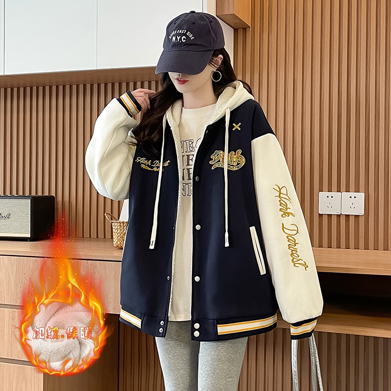 美式拼接棒球服外套女秋冬季2026新款宽松复古休闲加绒加厚棉服