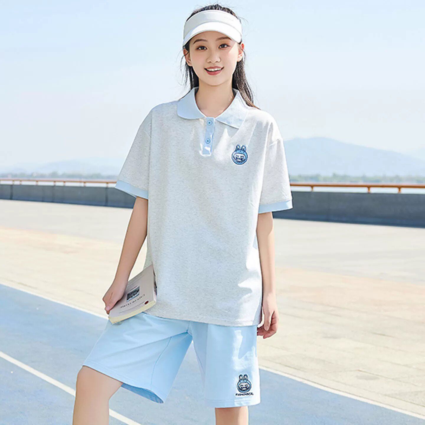 少女夏季时尚初中学生短袖T恤翻领T恤衫POLO领学院风短裤两件套