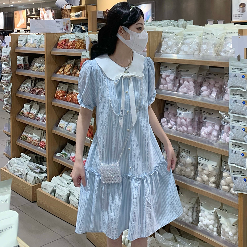 娃娃领蓝色条纹连衣裙法式小众减龄少女大童高中学生初中生衬衫裙