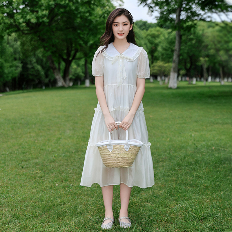 少女法式新款裙子2026高初中学生女大童时尚气质长裙白色仙女裙子
