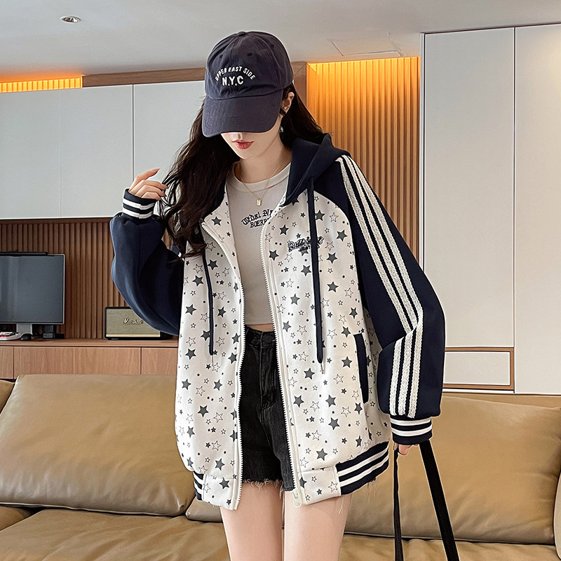 韩系撞色拼接开衫卫衣女春秋季宽松休闲初高中学生连帽棒球服外套