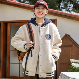 高中生夹棉加厚外套初中学生秋冬装新款2025大童仿羊羔毛绒少女孩