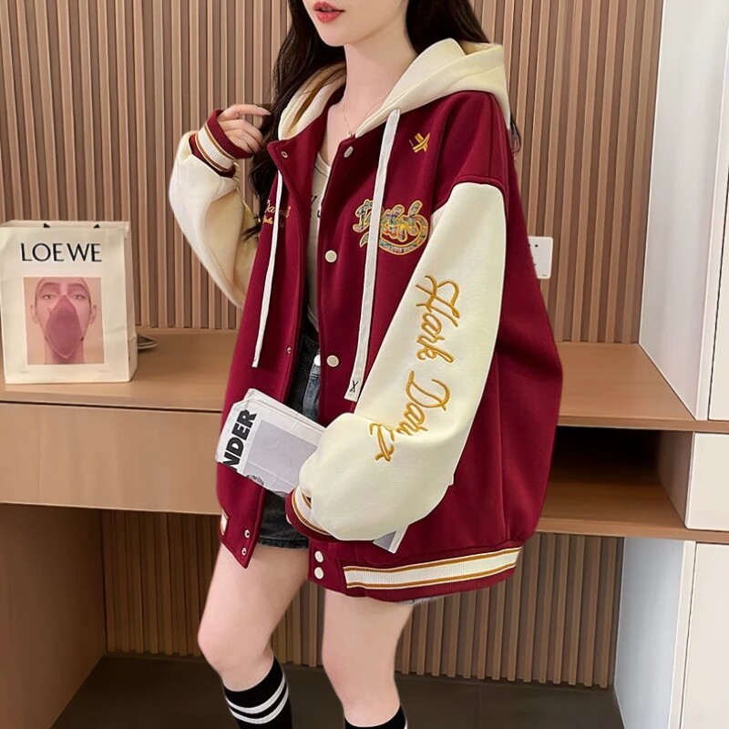 美式撞色刺绣连帽棒球服外套女春秋款宽松时尚初高中学生夹克上衣
