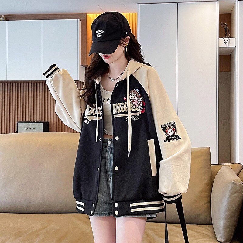 美式刺绣连帽棒球服外套女春秋季少女卫衣2026新款初高中学生上衣