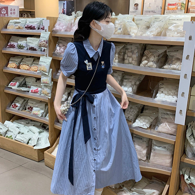 少女夏季新款时尚假两件连衣裙条纹排扣POLO领短袖衬衫学院风长裙