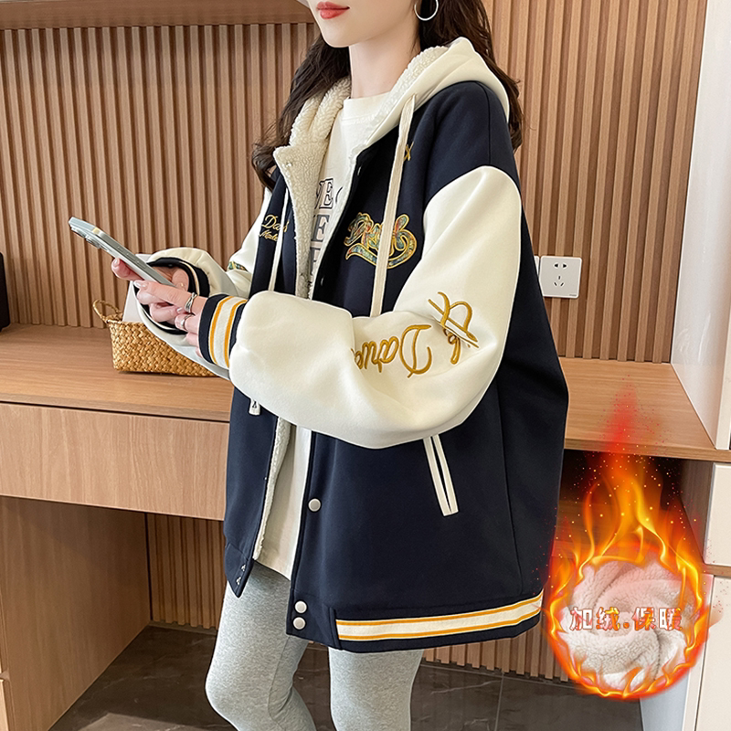 美式拼接棒球服外套女秋冬季2026新款宽松复古休闲加绒加厚棉服