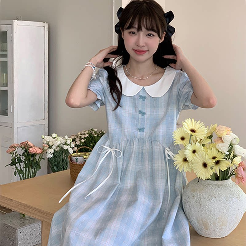 学院风初恋裙子女夏季新款海盐蓝娃娃领格子蝴蝶结中长款连衣裙潮