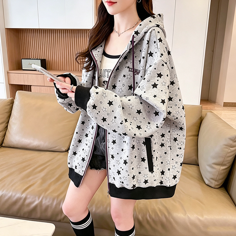 美式复古星星满印灰色洋气连帽卫衣女春秋季宽松休闲拉链开衫外套