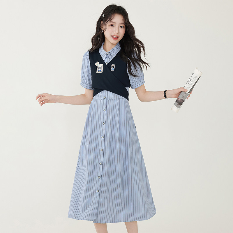 少女夏季新款时尚假两件连衣裙条纹排扣POLO领短袖衬衫学院风长裙