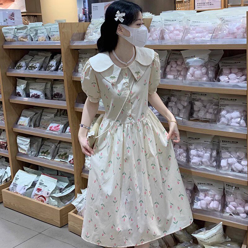 森系娃娃领连衣裙女大童宽松夏季初中学生少女小清新碎花过膝裙子
